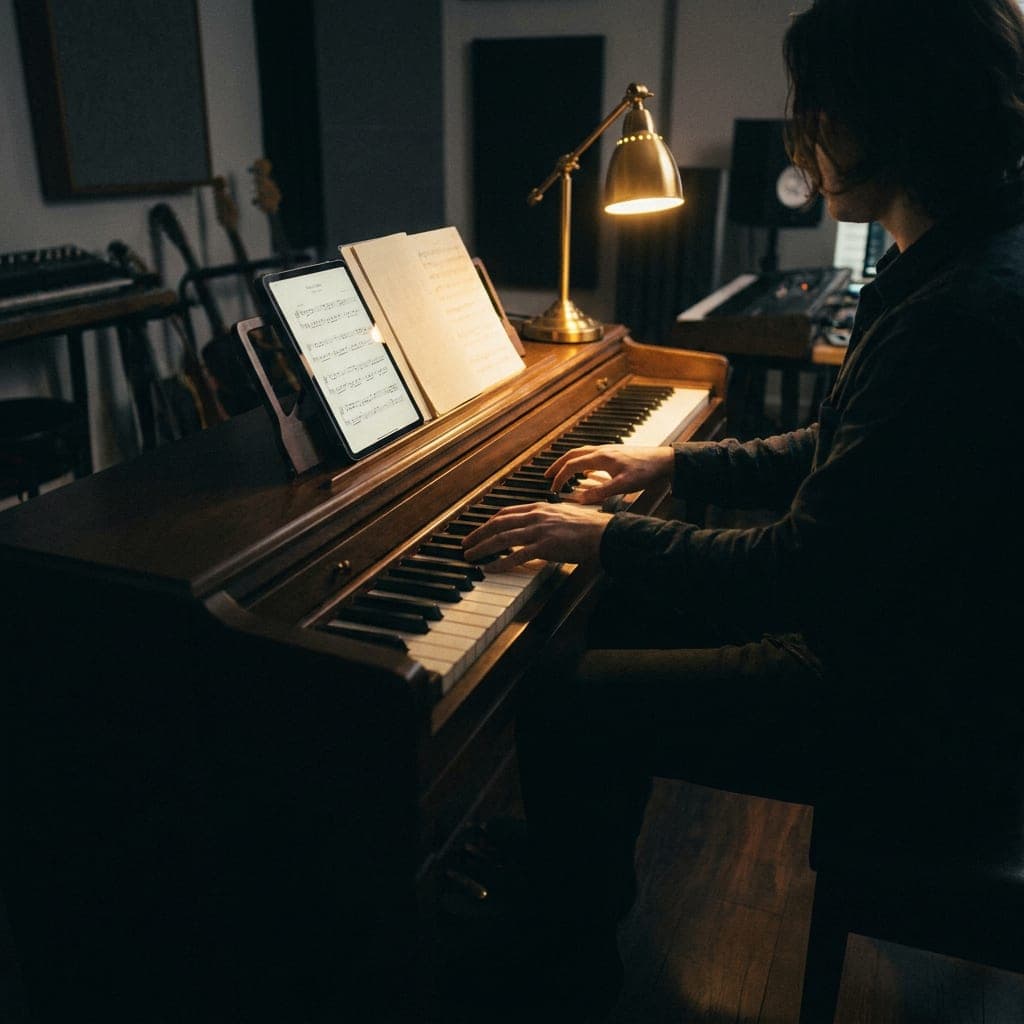 A musician at the piano, reading a score from a tablet under a desk lamp