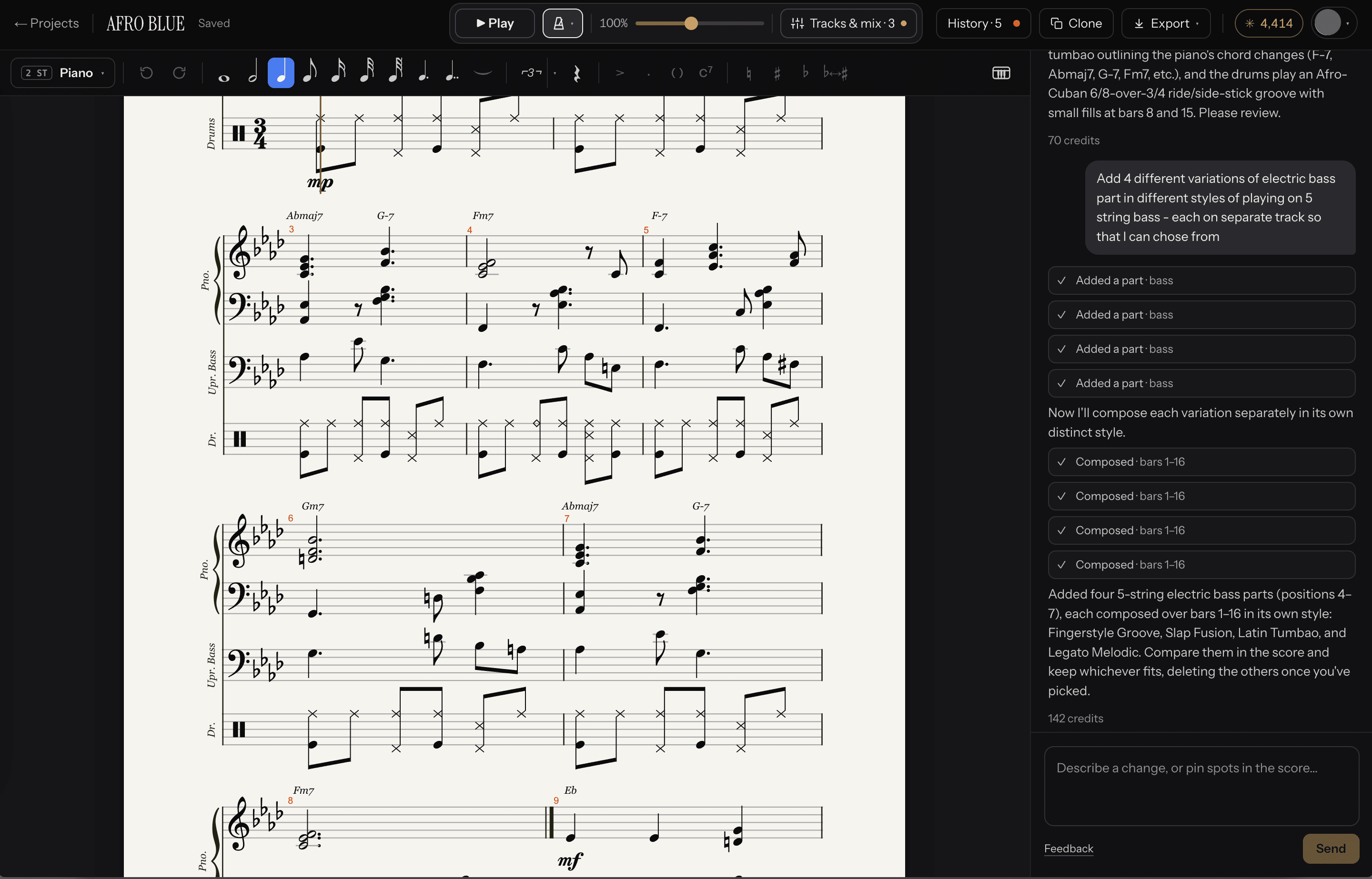 The Studio workspace: an Afro Blue arrangement for piano, bass and drums, with the AI chat adding four bass variations