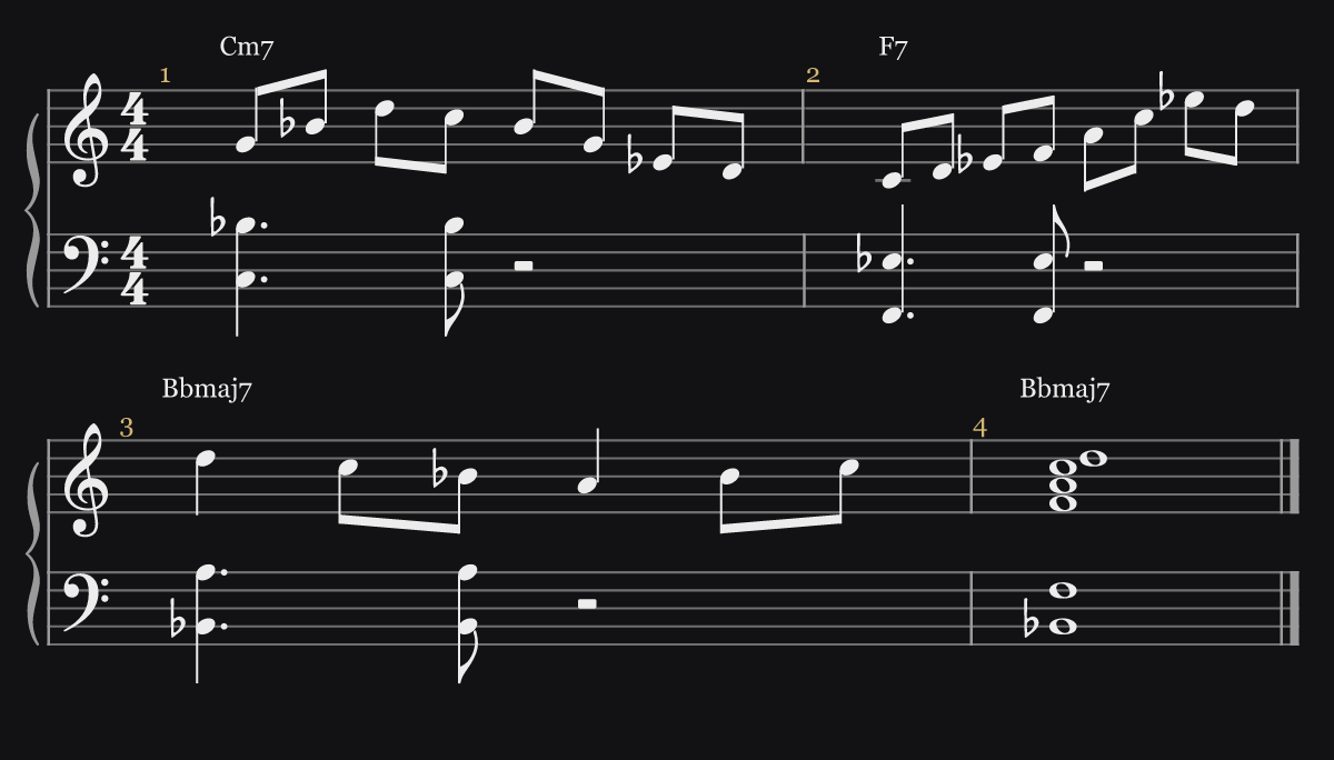 ii–V–I in B♭ — bebop line over shell voicings — notation