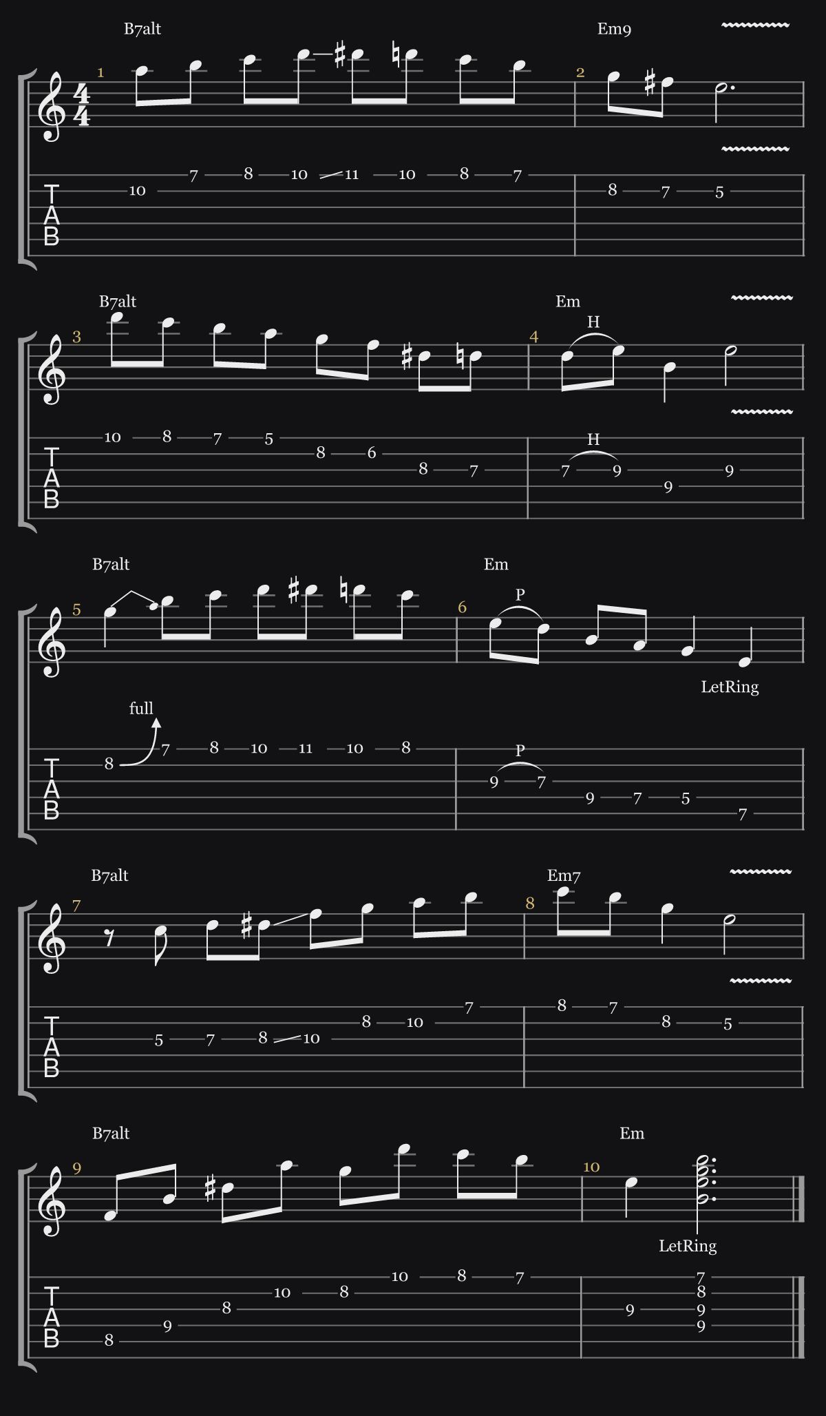 Melodic minor licks over B7alt — notation